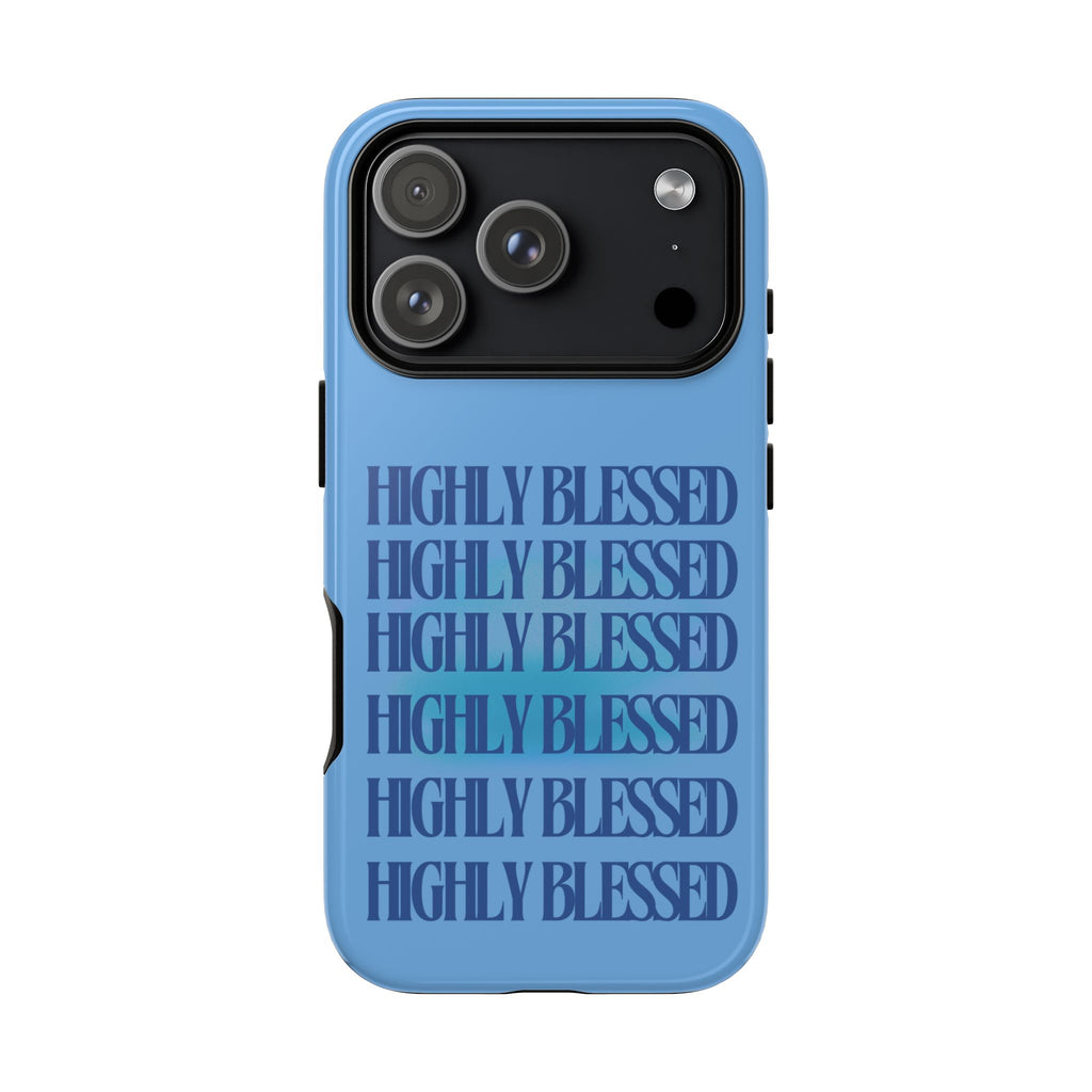 Highly Blessed Phone Case — Blue Repeated Script Protective Cover