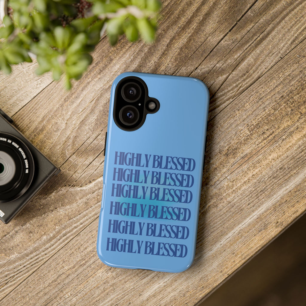 Highly Blessed Phone Case — Blue Repeated Script Protective Cover