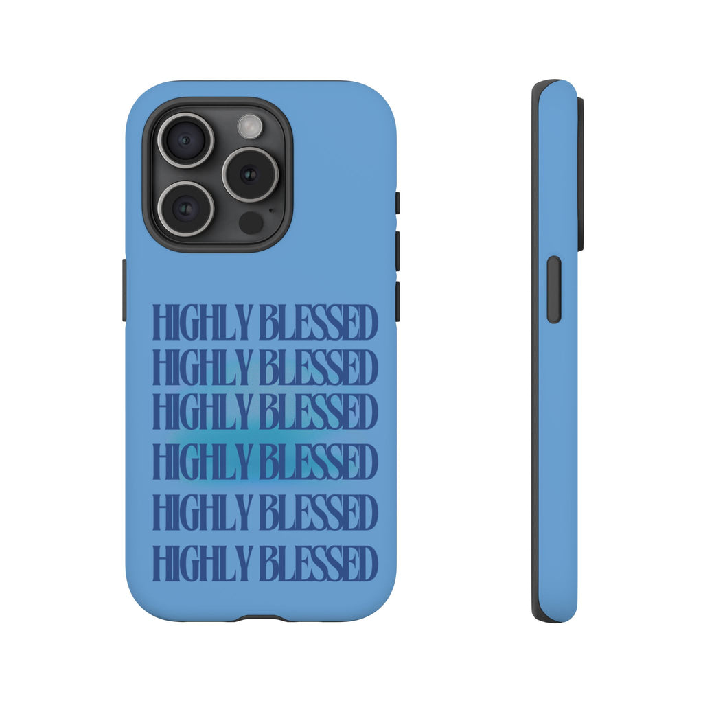 Highly Blessed Phone Case — Blue Repeated Script Protective Cover