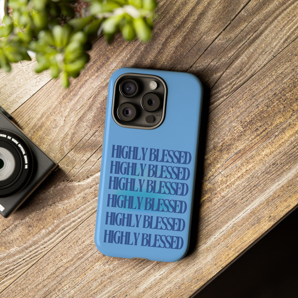 Highly Blessed Phone Case — Blue Repeated Script Protective Cover