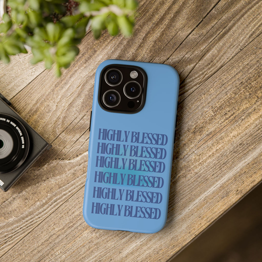 Highly Blessed Phone Case — Blue Repeated Script Protective Cover