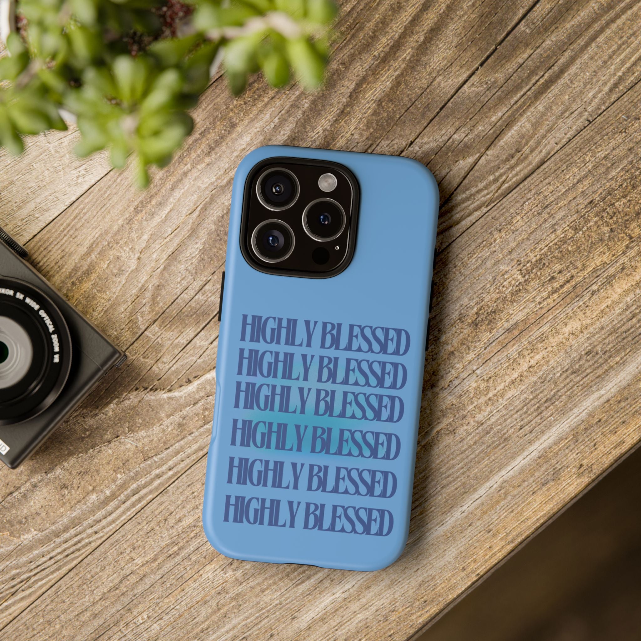 Highly Blessed Phone Case — Blue Repeated Script Protective Cover