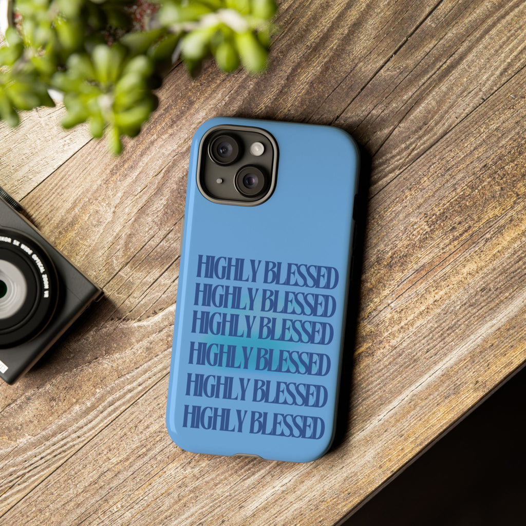 Highly Blessed Phone Case — Blue Repeated Script Protective Cover