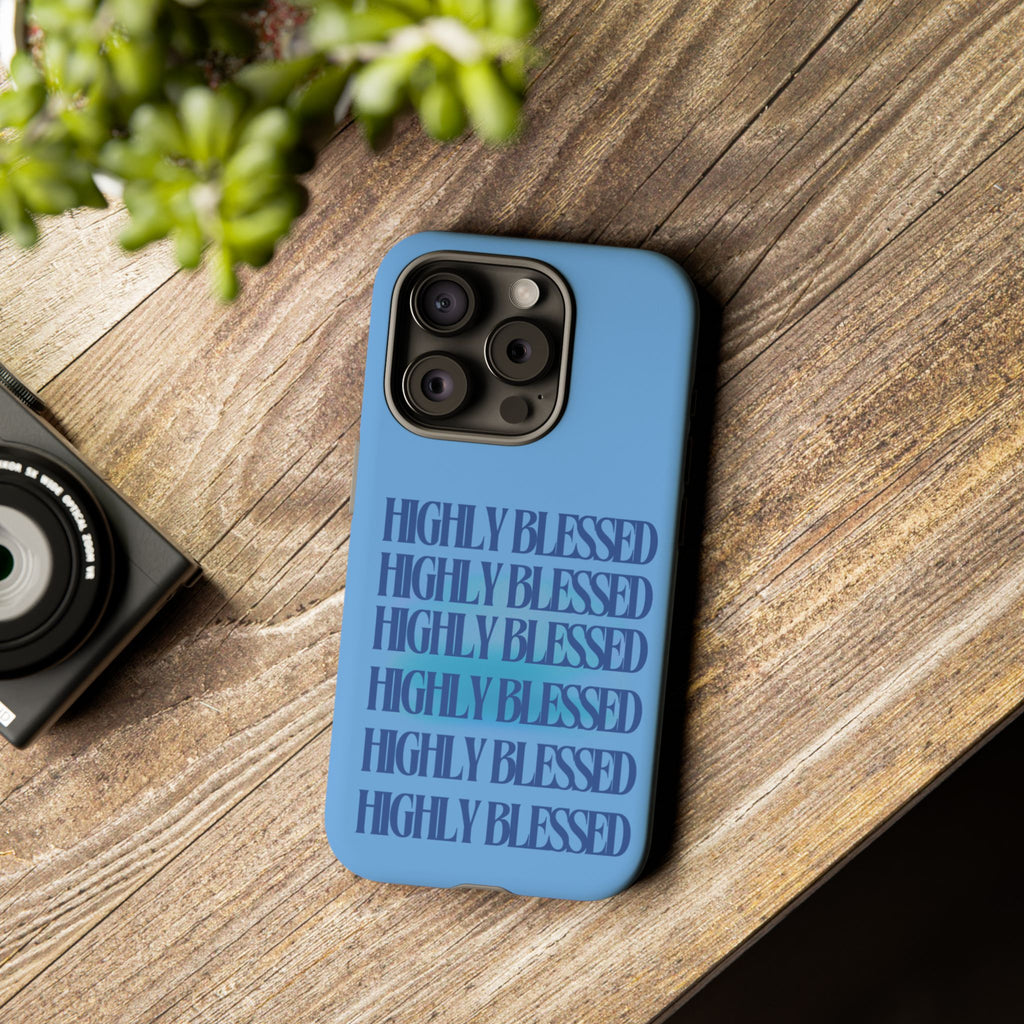 Highly Blessed Phone Case — Blue Repeated Script Protective Cover