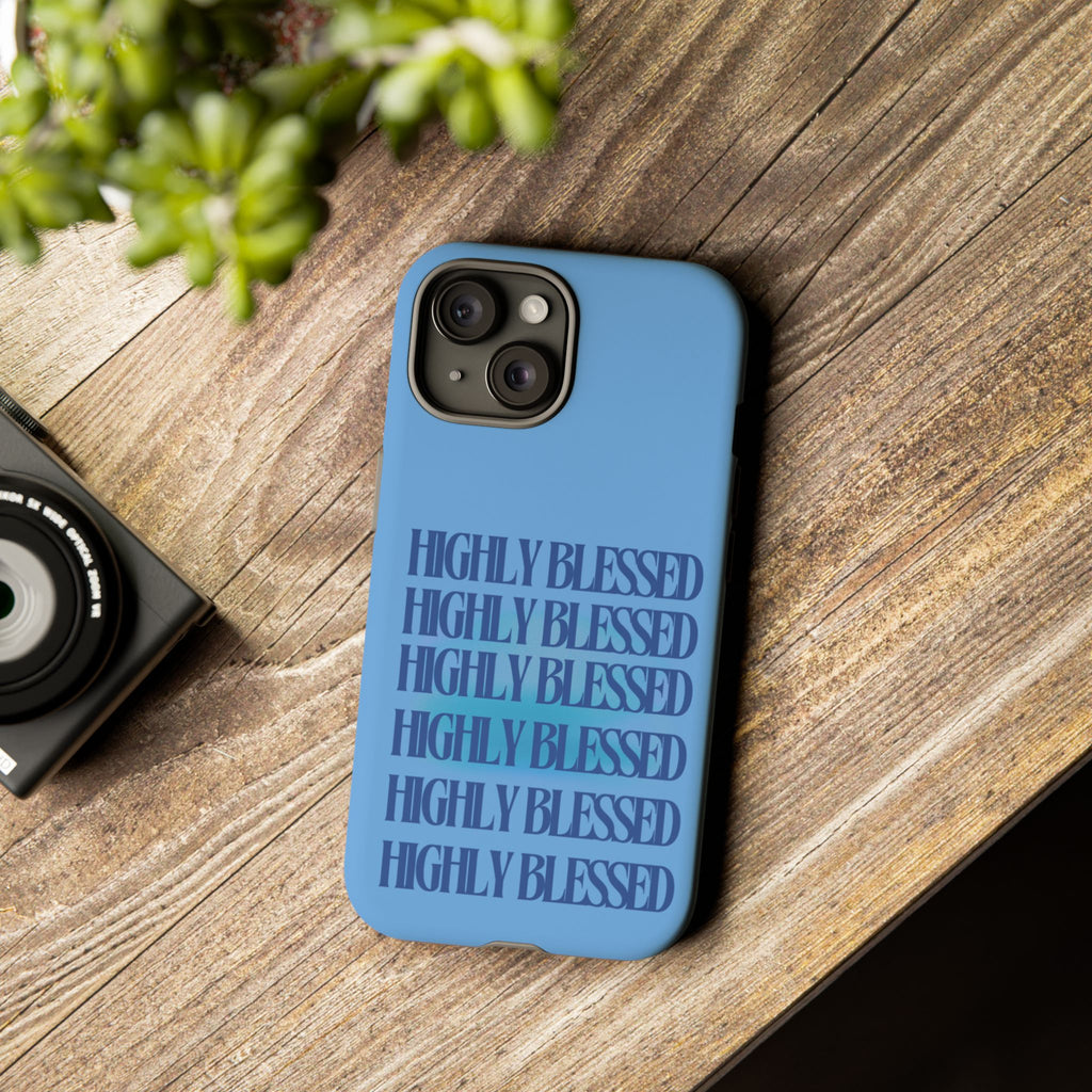 Highly Blessed Phone Case — Blue Repeated Script Protective Cover