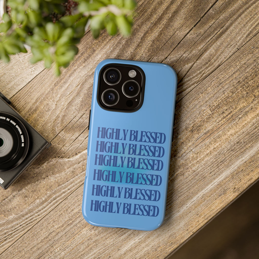 Highly Blessed Phone Case — Blue Repeated Script Protective Cover