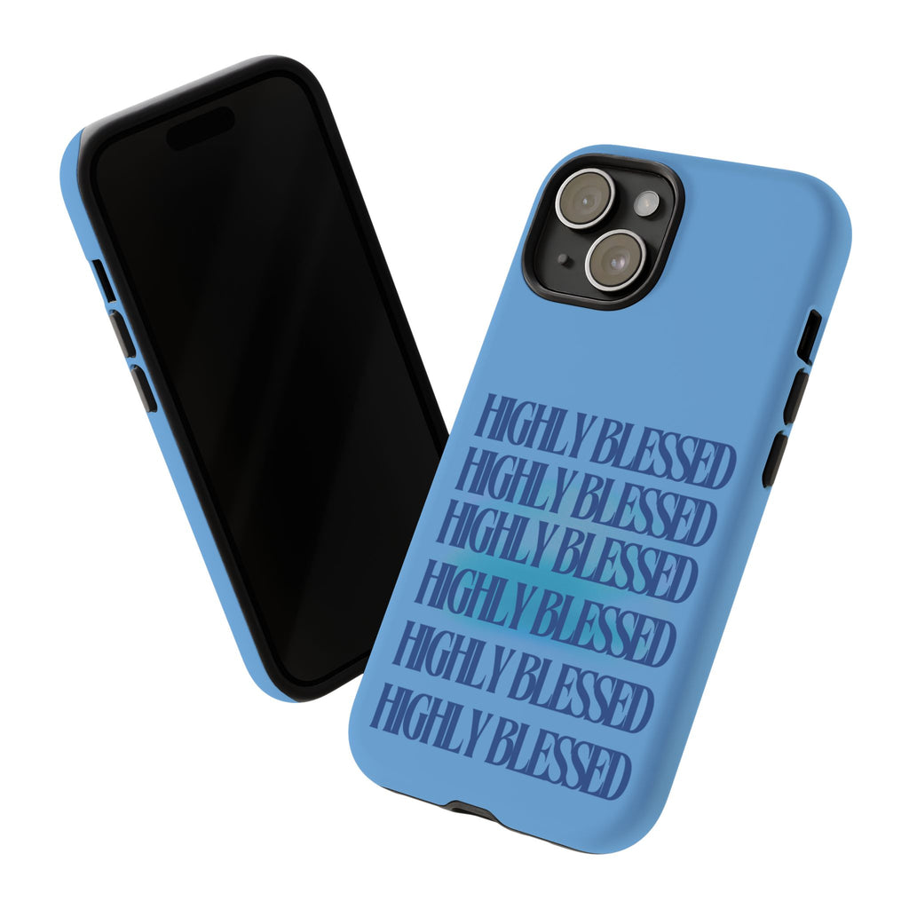 Highly Blessed Phone Case — Blue Repeated Script Protective Cover
