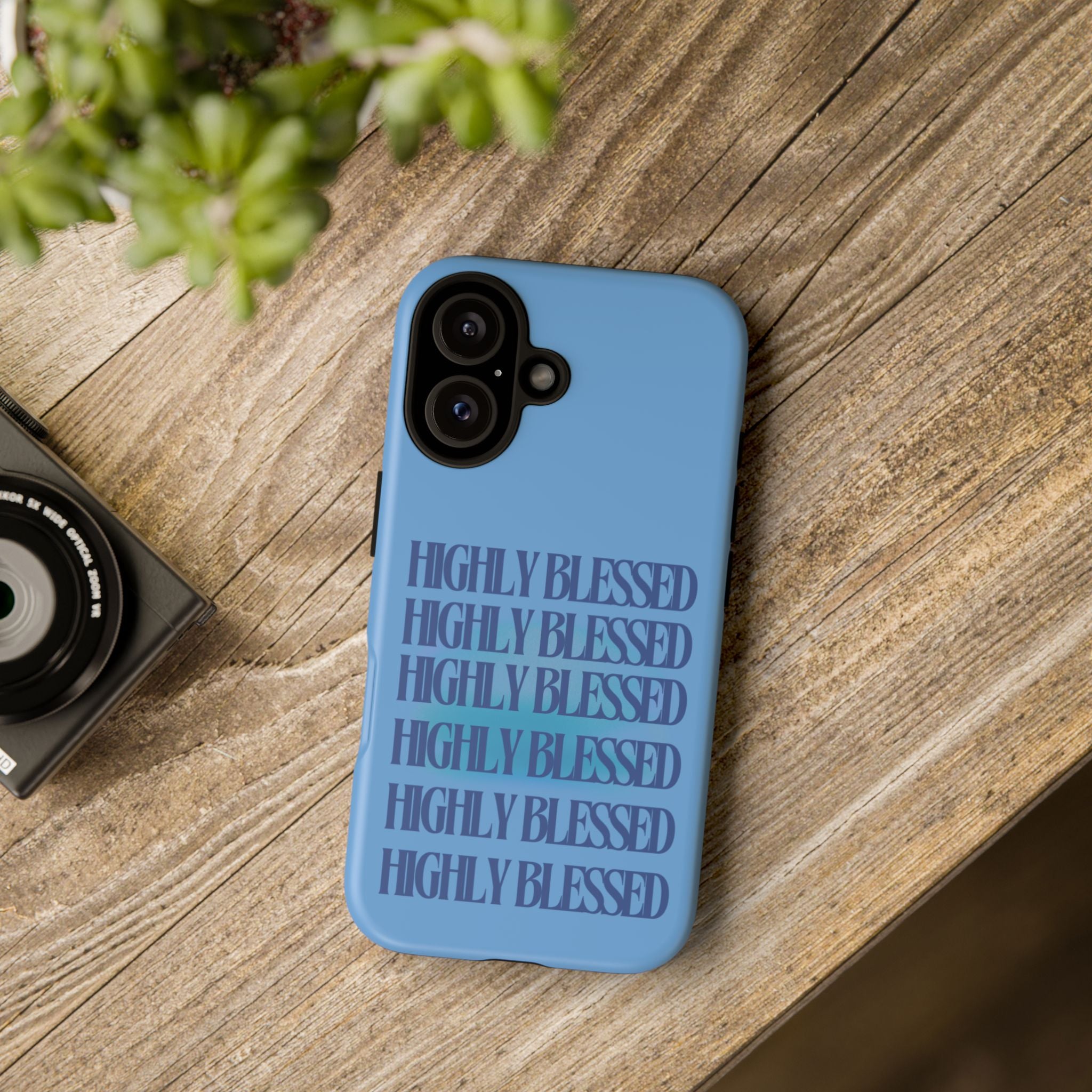 Highly Blessed Phone Case — Blue Repeated Script Protective Cover